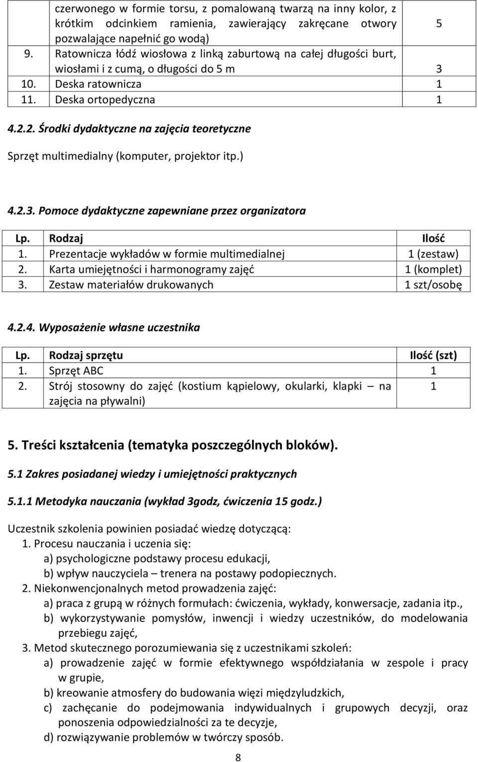 2. Środki dydaktyczne na zajęcia teoretyczne Sprzęt multimedialny (komputer, projektor itp.) 4.2.3. Pomoce dydaktyczne zapewniane przez organizatora Lp. Rodzaj Ilość 1.