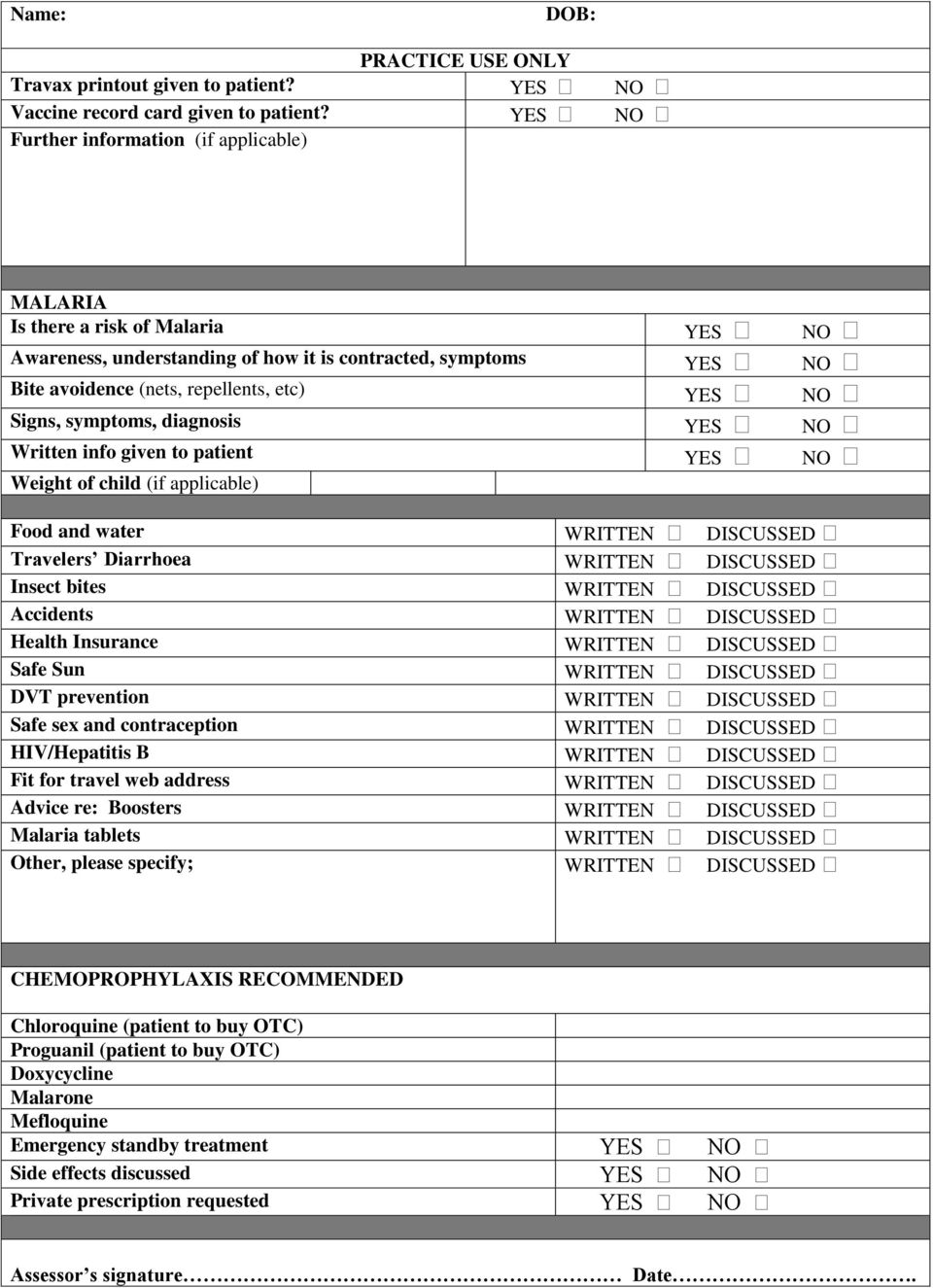 Signs, symptoms, diagnosis YES NO Written info given to patient YES NO Weight of child (if applicable) Food and water WRITTEN DISCUSSED Travelers Diarrhoea WRITTEN DISCUSSED Insect bites WRITTEN