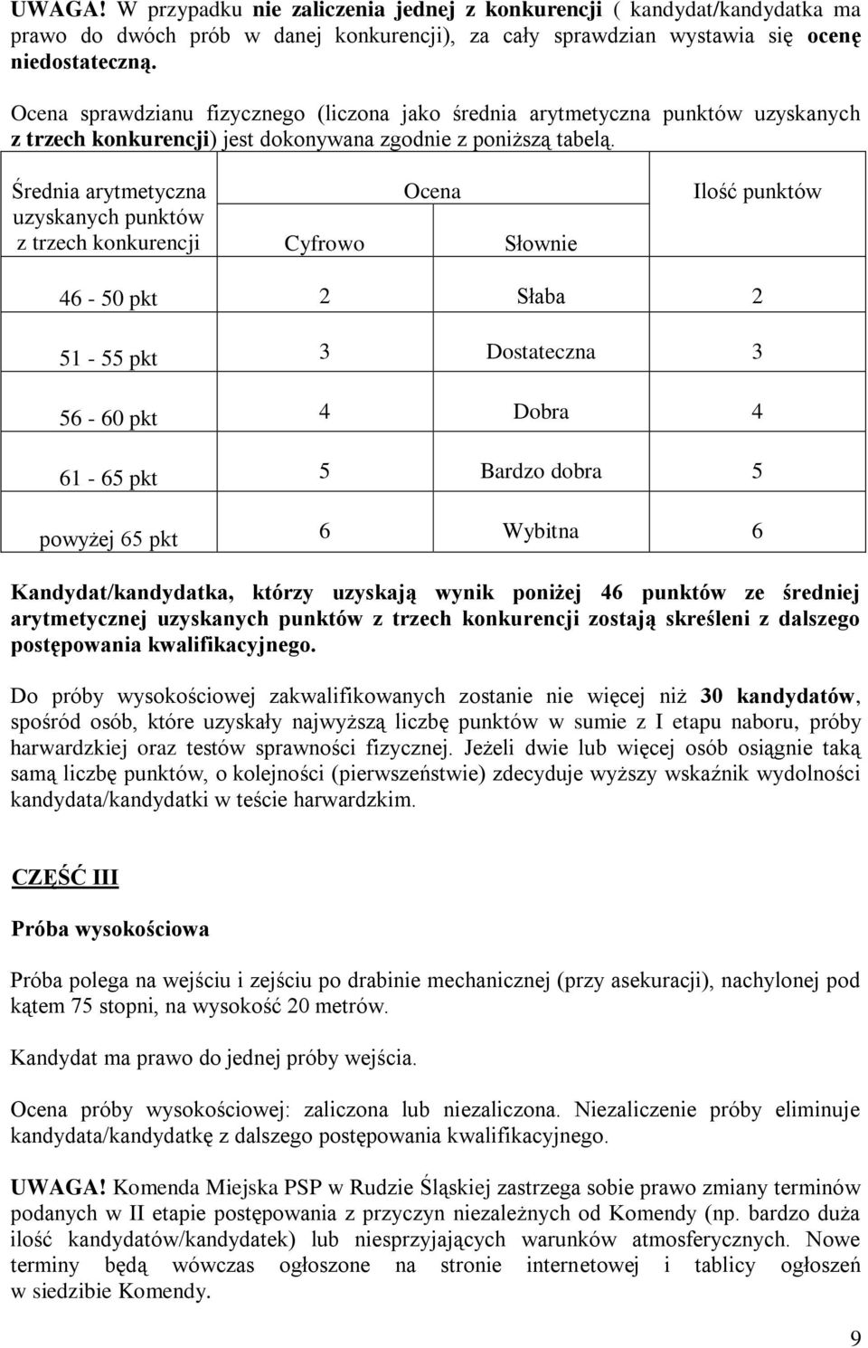 Średnia arytmetyczna uzyskanych punktów z trzech konkurencji Cyfrowo Ocena Słownie Ilość punktów 46-50 pkt 2 Słaba 2 51-55 pkt 3 Dostateczna 3 56-60 pkt 4 Dobra 4 61-65 pkt 5 Bardzo dobra 5 powyżej