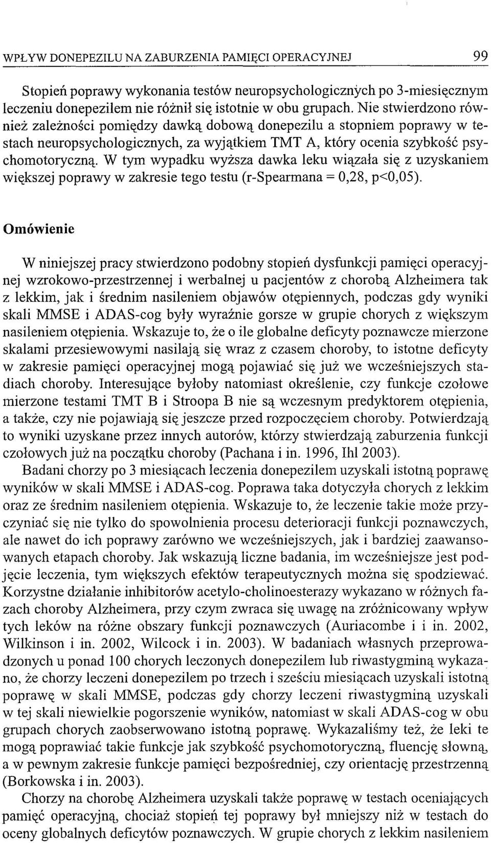 W tym wypadku wyższa dawka leku wiązała się z uzyskaniem większej poprawy w zakresie tego testu (r-spearmana = 0,28, p<0,05).