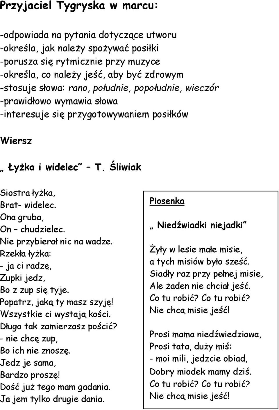 Nie przybierał nic na wadze. Rzekła łyżka: - ja ci radzę, Zupki jedz, Bo z zup się tyje. Popatrz, jaką ty masz szyję! Wszystkie ci wystają kości. Długo tak zamierzasz pościć?