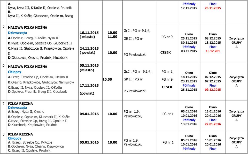 00 Gr I : PG nr 9,1,4, GR II ; PG nr PG nr 9 CISEK 25.11.2015 30.11.2015 03.12.2015 08.12.2015 13.12.2015 15.12.201 6 HLOW PIŁK NOŻN.Brzeg, Strzelce Op, Opole-m, Olesno II B.