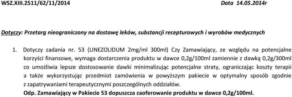 0,2g/300ml co umożliwia lepsze dostosowanie dawki minimalizując potencjalne straty, ograniczając koszty terapii a także wykorzystując przedmiot zamówienia w powyższym