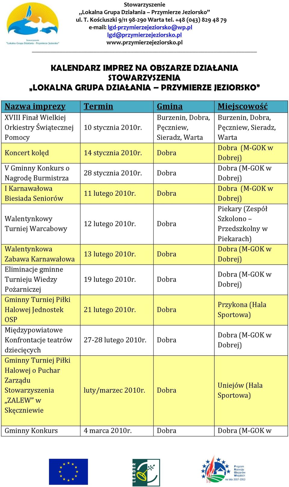 Świątecznej Pomocy 10 stycznia Koncert kolęd 14 stycznia V Gminny Konkurs o Nagrodę Burmistrza I Karnawałowa Biesiada Seniorów Walentynkowy Turniej Warcabowy Walentynkowa Zabawa Karnawałowa