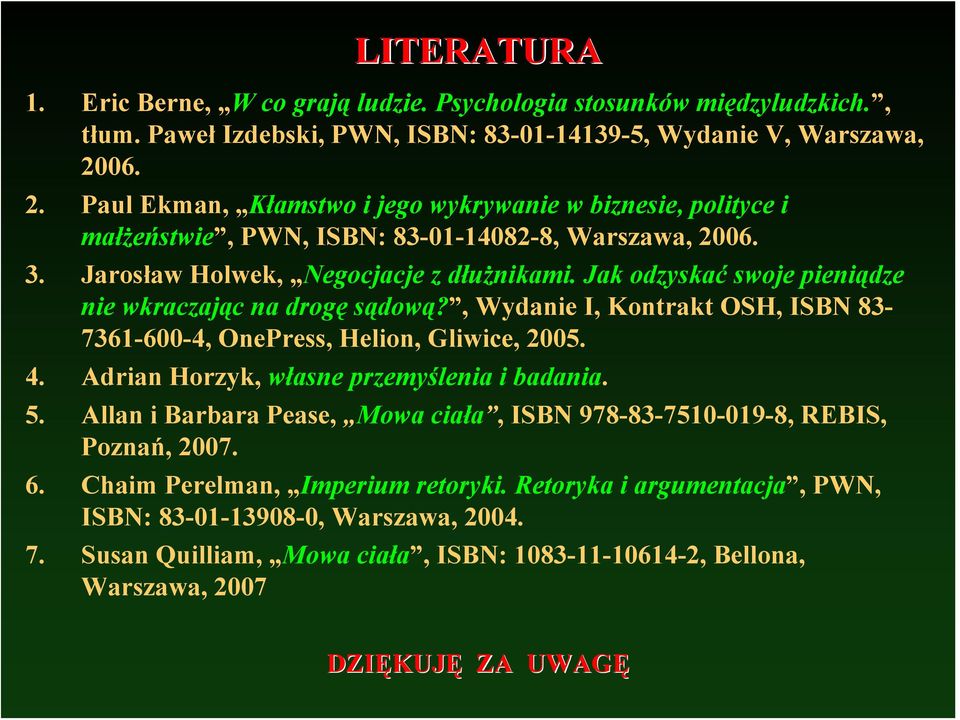 Jak odzyskać swoje pieniądze nie wkraczając na drogę sądową?, Wydanie I, Kontrakt OSH, ISBN 83-7361-600-4, OnePress, Helion, Gliwice, 2005. 4. Adrian Horzyk, własne przemyślenia i badania. 5.