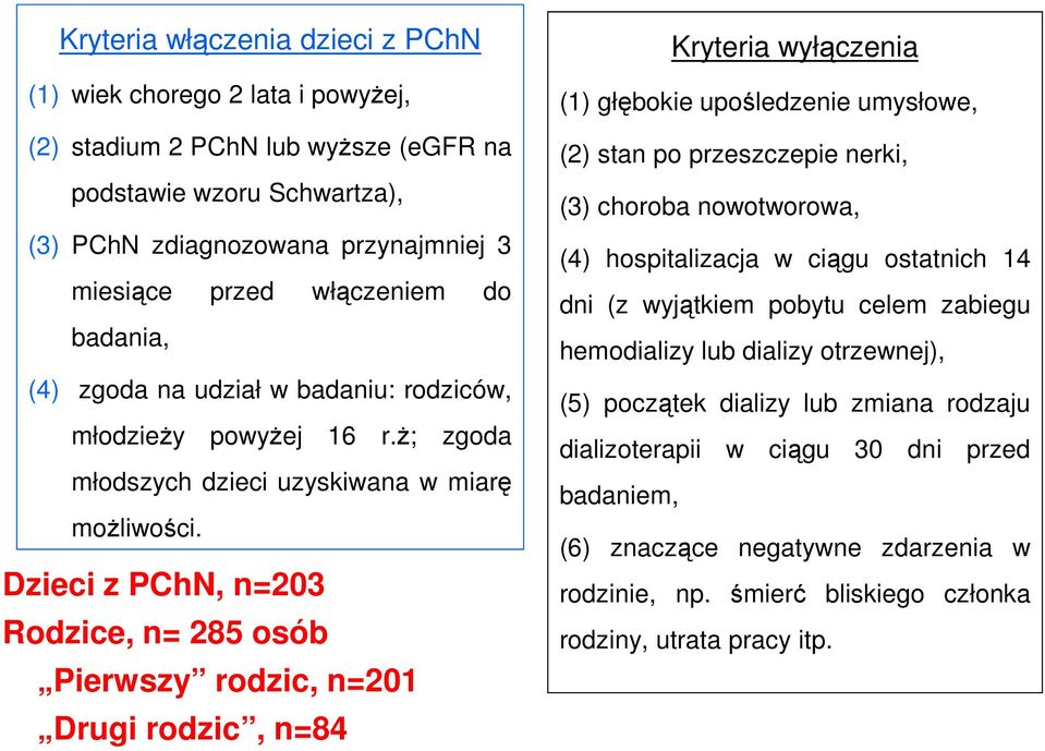 Dzieci z PChN, n=203 Rodzice, n= 285 osób Pierwszy rodzic, n=201 Drugi rodzic, n=84 Kryteria wyłączenia (1) głębokie upośledzenie umysłowe, (2) stan po przeszczepie nerki, (3) choroba nowotworowa,