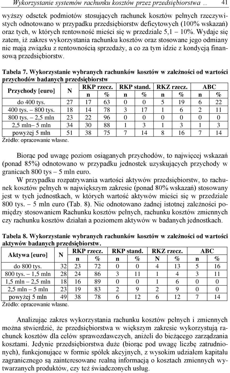 Wydaje się zatem, iż zakres wykorzystania rachunku kosztów oraz stosowane jego odmiany nie mają związku z rentownością sprzedaży, a co za tym idzie z kondycją finansową przedsiębiorstw. Tabela 7.