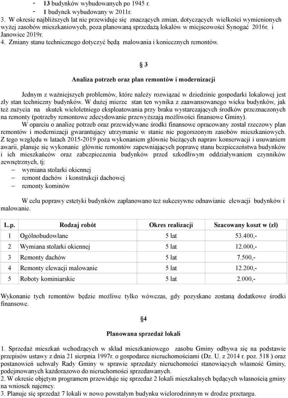 i Janowice 2019r. 4. Zmiany stanu technicznego dotyczyć będą malowania i koniecznych remontów.