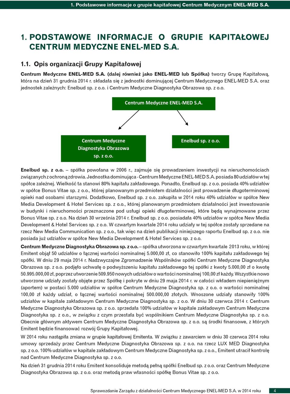 z o.o. i Centrum Medyczne Diagnostyka Obrazowa sp. z o.o. Centrum Medyczne ENEL-MED S.A. Centrum Medyczne Diagnostyka Obrazowa sp. z o.o. Enelbud sp. z o.o. Enelbud sp. z o.o. spółka powołana w 2006 r.
