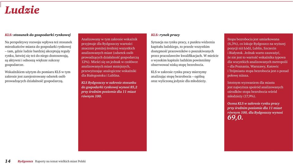 Analizowany w tym zakresie wskaźnik przyjmuje dla Bydgoszczy wartości znacznie poniżej średniej wszystkich analizowanych miast (odsetek osób prowadzących działalność gospodarczą 12%).