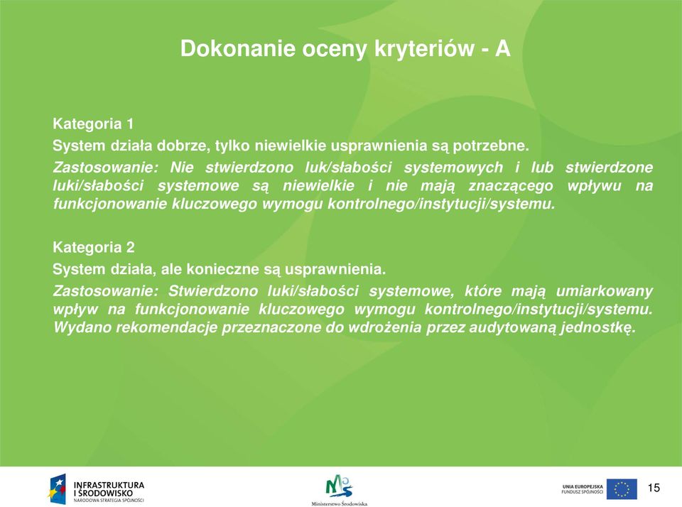 funkcjonowanie kluczowego wymogu kontrolnego/instytucji/systemu. Kategoria 2 System działa, ale konieczne są usprawnienia.