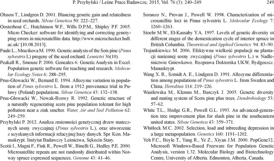 Paule L., Mrazikova M. 1990. Genetic analysis of the Sots pine (Pinus sylvestris L) progeny of the seed orchard. Lesnictvi 36(10). Peakall R., Smouse P. 2006. Genealex 6: Genetic Analysis in Excel.