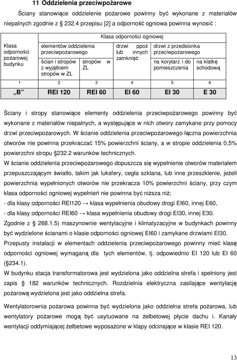 ogniowej drzwi ppoż lub innych zamknięć drzwi z przedsionka przeciwpożarowego na korytarz i do pomieszczenia na klatkę schodową 1 2 3 4 5 6 B REI 120 REI 60 EI 60 EI 30 E 30 Ściany i stropy