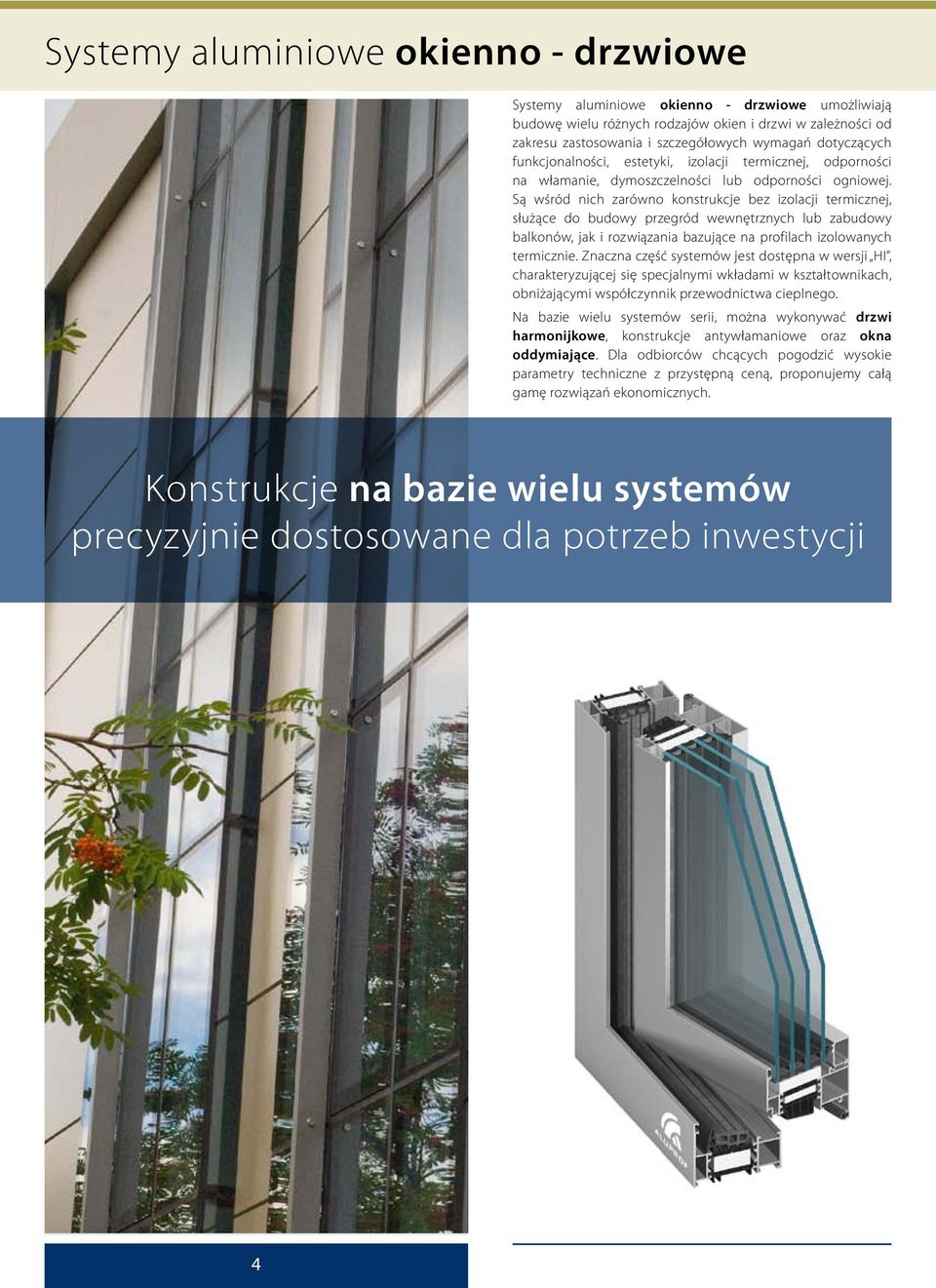 Są wśród nich zarówno konstrukcje bez izolacji termicznej, służące do budowy przegród wewnętrznych lub zabudowy balkonów, jak i rozwiązania bazujące na profilach izolowanych termicznie.