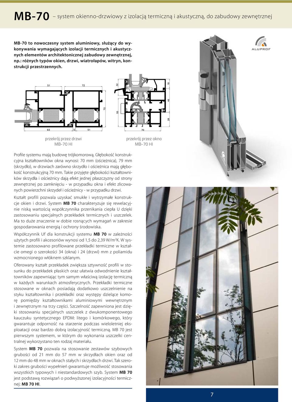 przekrój przez drzwi MB-70 HI przekrój przez okno MB-70 HI Profile systemu mają budowę trójkomorową.