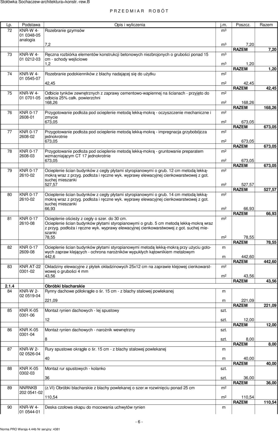 3 1,20 RAZEM 1,20 74 KNR-W 4- Rozebranie podokienników z blachy nadającej się do użyku 01 0545-07 42,45 42,45 RAZEM 42,45 75 KNR-W 4- Odbicie ynków zewnęrznych z zaprawy ceenowo-wapiennej na ścianach