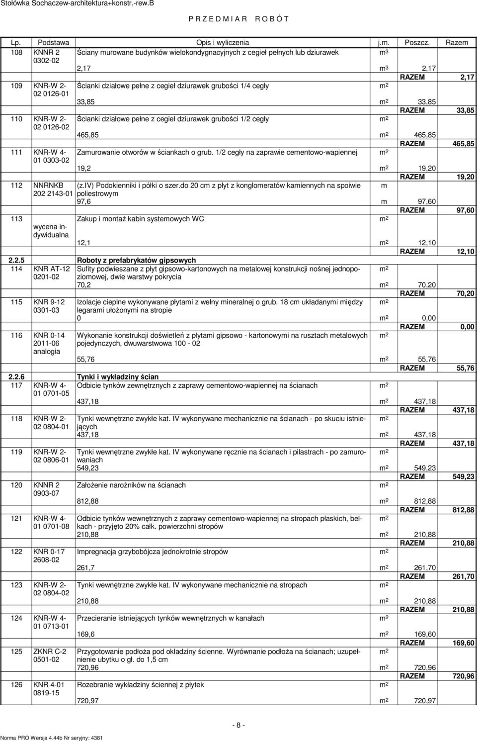 02 0126-01 33,85 33,85 RAZEM 33,85 110 KNR-W 2- Ścianki działowe pełne z cegieł dziurawek grubości 1/2 cegły 02 0126-02 465,85 465,85 RAZEM 465,85 111 KNR-W 4- Zaurowanie oworów w ściankach o grub.