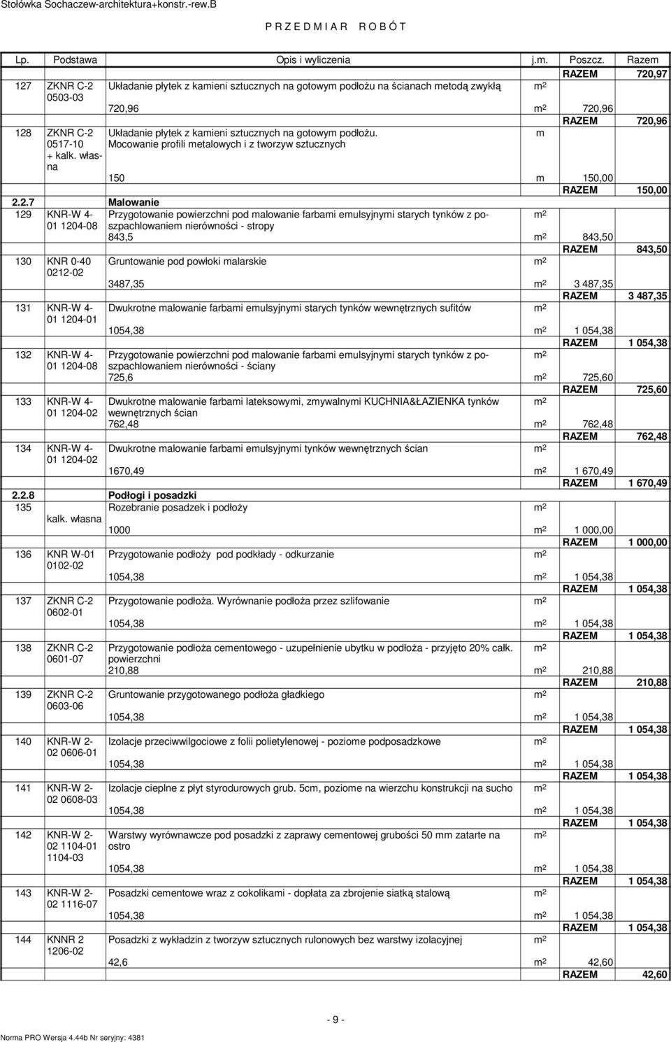 podłożu. 0517-10 + kalk. własna Mocowanie profili ealowych i z worzyw szucznych 150 150,00 RAZEM 150,00 2.