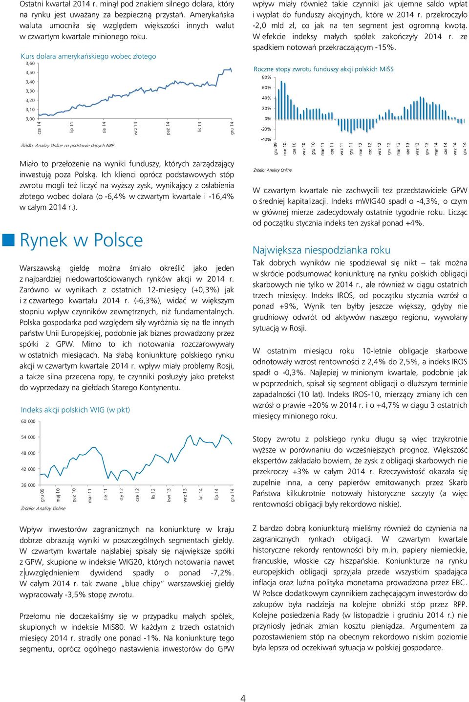 Kurs dolara amerykańskiego wobec złotego 3,60 wpływ miały również takie czynniki jak ujemne saldo wpłat i wypłat do funduszy akcyjnych, które w 2014 r.