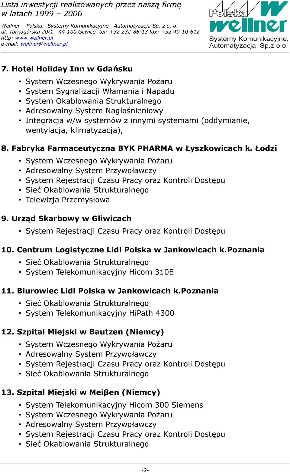 Urząd Skarbowy w Gliwicach 10. Centrum Logistyczne Lidl Polska w Jankowicach k.poznania System Telekomunikacyjny Hicom 310E 11.