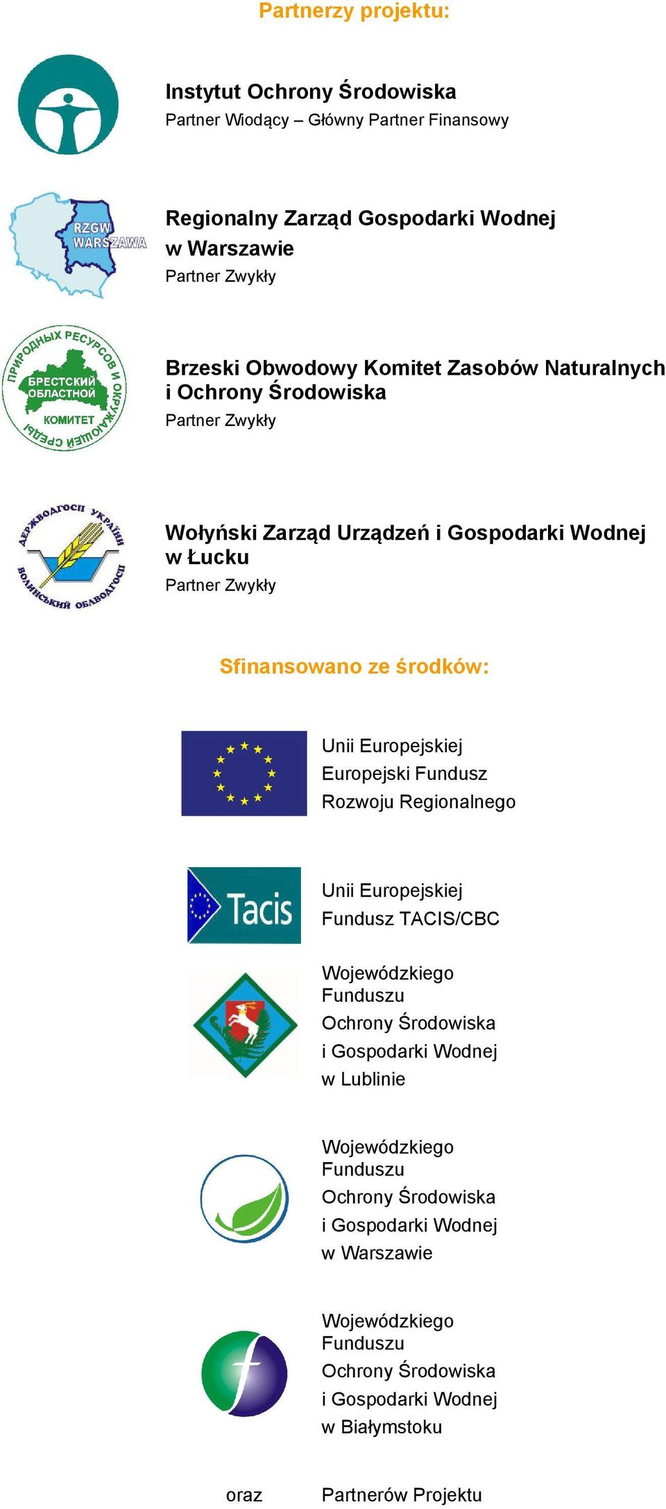 Unii Europejskiej Europejski Fundusz Rozwoju Regionalnego Unii Europejskiej Fundusz TACIS/CBC Wojewódzkiego Funduszu Ochrony Środowiska i Gospodarki Wodnej w Lublinie