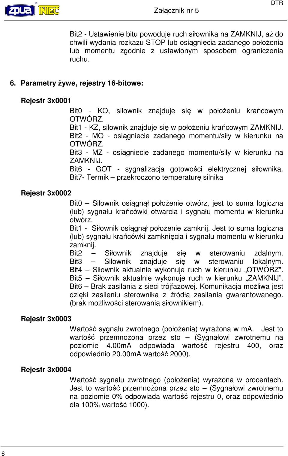 Bit2 - MO - osiągniecie zadanego momentu/siły w kierunku na OTWÓRZ. Bit3 - MZ - osiągniecie zadanego momentu/siły w kierunku na ZAMKNIJ. Bit6 - GOT - sygnalizacja gotowości elektrycznej siłownika.