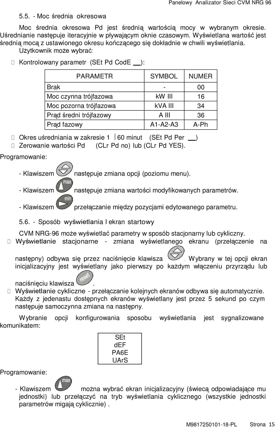 Użytkownik może wybrać: Kontrolowany parametr (SEt Pd CodE ): PARAMETR SYMBOL NUMER Brak - 00 Moc czynna trójfazowa kw III 16 Moc pozorna trójfazowa kva III 34 Prąd średni trójfazowy A III 36 Prąd