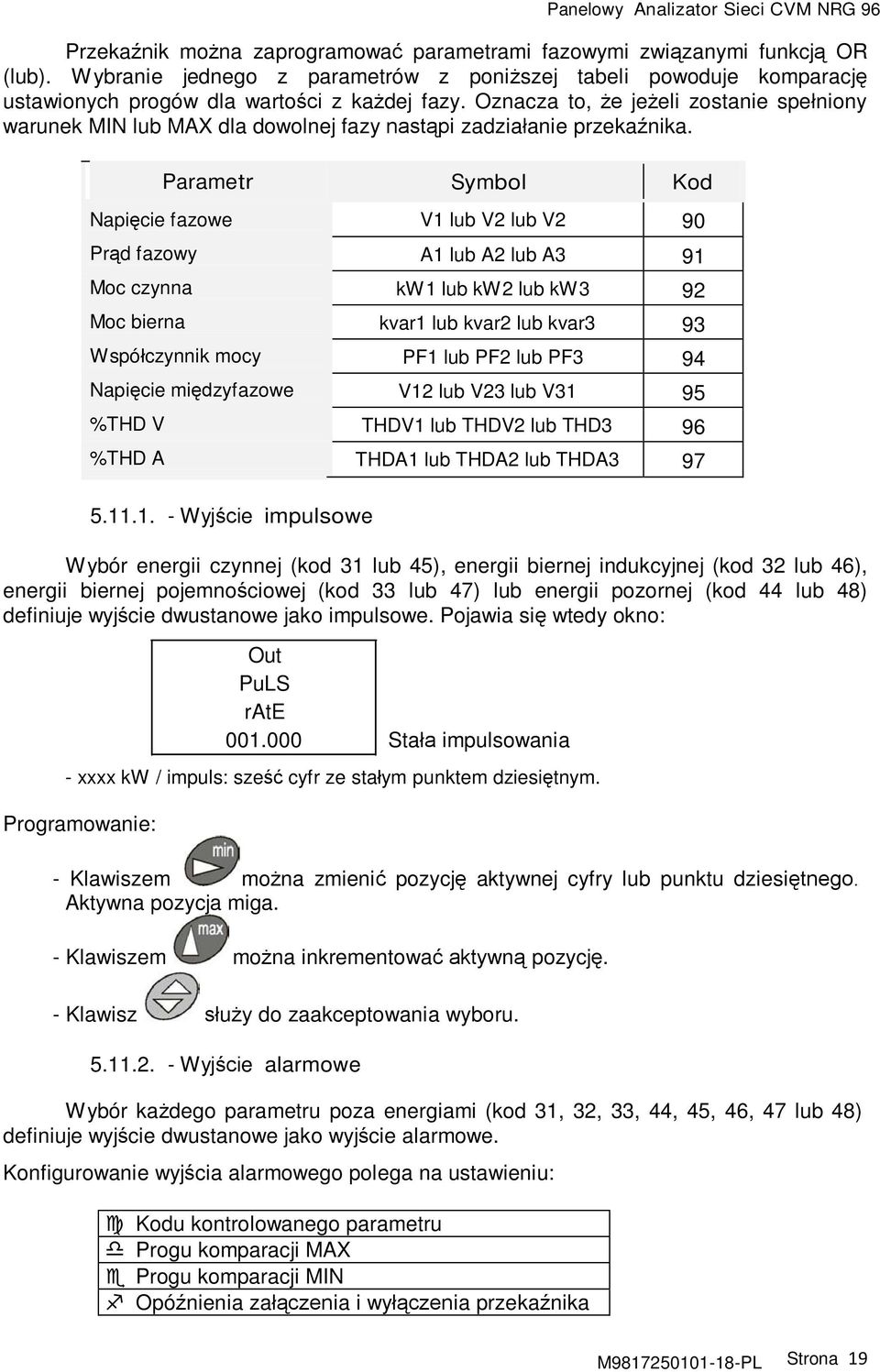 Parametr Symbol Kod Napięcie fazowe V1 lub V2 lub V2 90 Prąd fazowy A1 lub A2 lub A3 91 Moc czynna kw1 lub kw2 lub kw3 92 Moc bierna kvar1 lub kvar2 lub kvar3 93 Współczynnik mocy PF1 lub PF2 lub PF3