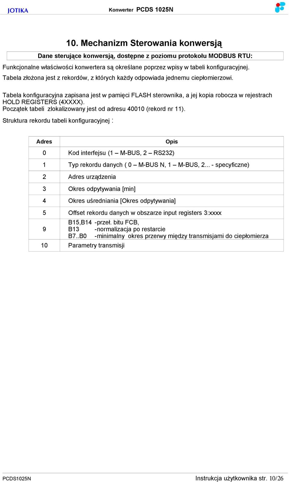 Tabela konfiguracyjna zapisana jest w pamięci FLASH sterownika, a jej kopia robocza w rejestrach HOLD REGISTERS (4XXXX). Początek tabeli zlokalizowany jest od adresu 40010 (rekord nr 11).