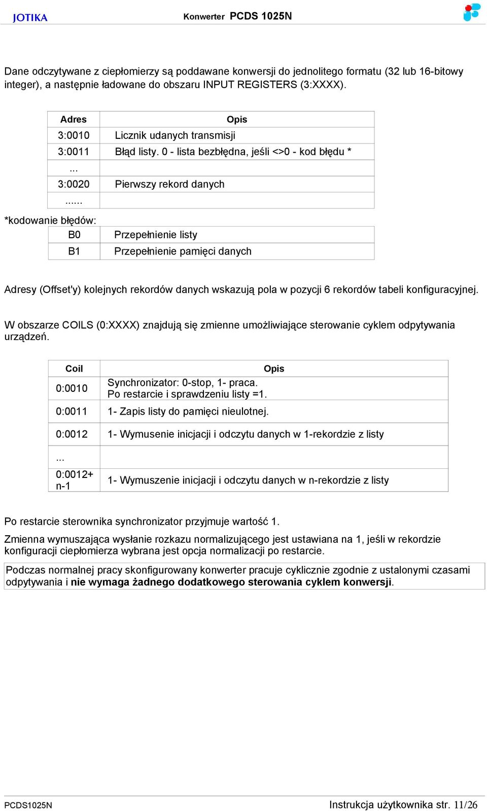 .. *kodowanie błędów: B0 B1 Przepełnienie listy Przepełnienie pamięci danych Adresy (Offset'y) kolejnych rekordów danych wskazują pola w pozycji 6 rekordów tabeli konfiguracyjnej.