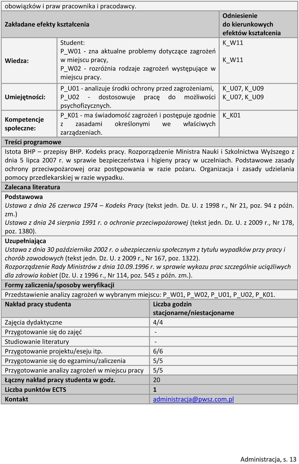 miejscu pracy. P_U01 - analizuje środki ochrony przed zagrożeniami, P_U02 - dostosowuje pracę do możliwości psychofizycznych.