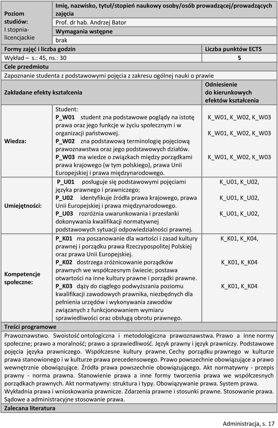 : 30 5 Cele przedmiotu Zapoznanie studenta z podstawowymi pojęcia z zakresu ogólnej nauki o prawie Zakładane efekty kształcenia Wiedza: Umiejętności: Kompetencje społeczne: Student: P_W01 student zna