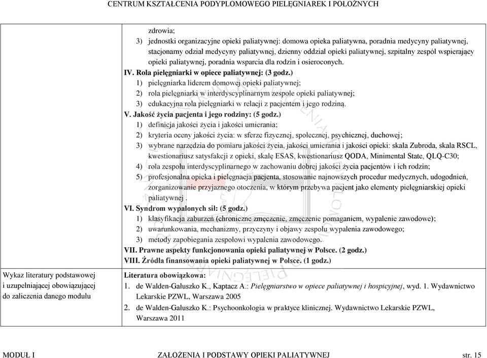 ) 1) pielęgniarka liderem domowej opieki paliatywnej; 2) rola pielęgniarki w interdyscyplinarnym zespole opieki paliatywnej; 3) edukacyjna rola pielęgniarki w relacji z pacjentem i jego rodziną. V.