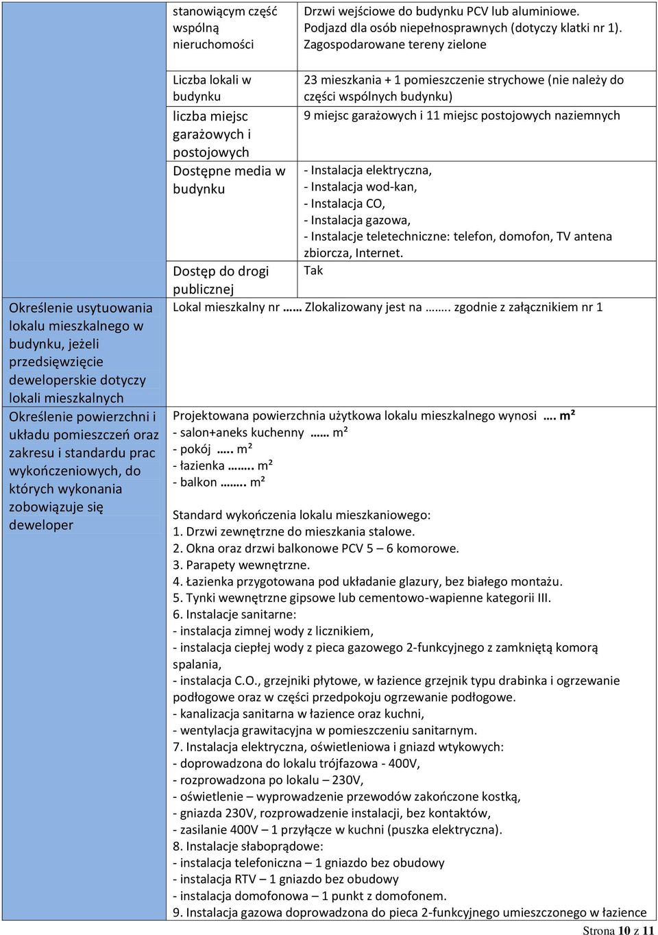 zakresu i standardu prac wykończeniowych, do których wykonania zobowiązuje się deweloper Liczba lokali w budynku liczba miejsc garażowych i postojowych Dostępne media w budynku 23 mieszkania + 1
