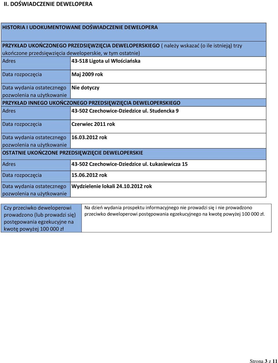 PRZEDSIĘWZIĘCIA DEWELOPERSKIEGO Adres 43-502 Czechowice-Dziedzice ul. Studencka 9 Data rozpoczęcia Czerwiec 2011 rok Data wydania ostatecznego 16.03.