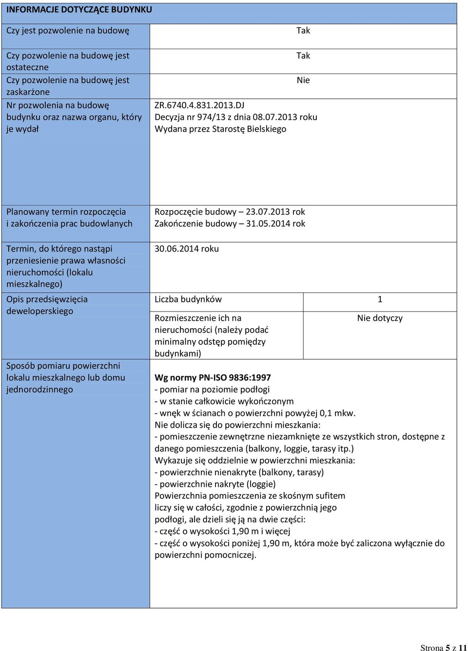 2013 roku Wydana przez Starostę Bielskiego Planowany termin rozpoczęcia i zakończenia prac budowlanych Termin, do którego nastąpi przeniesienie prawa własności nieruchomości (lokalu mieszkalnego)