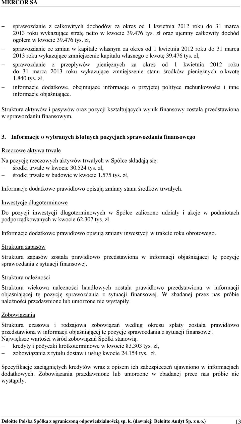 zł, sprawozdanie ze zmian w kapitale własnym za okres od 1 kwietnia 2012 roku do 31 marca 2013 roku wykazujące zmniejszenie kapitału własnego o kwotę 39.476 tys.