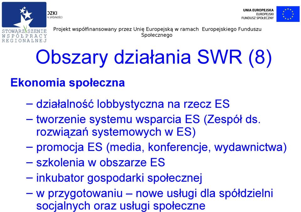 rozwiązań systemowych w ES) promocja ES (media, konferencje, wydawnictwa)