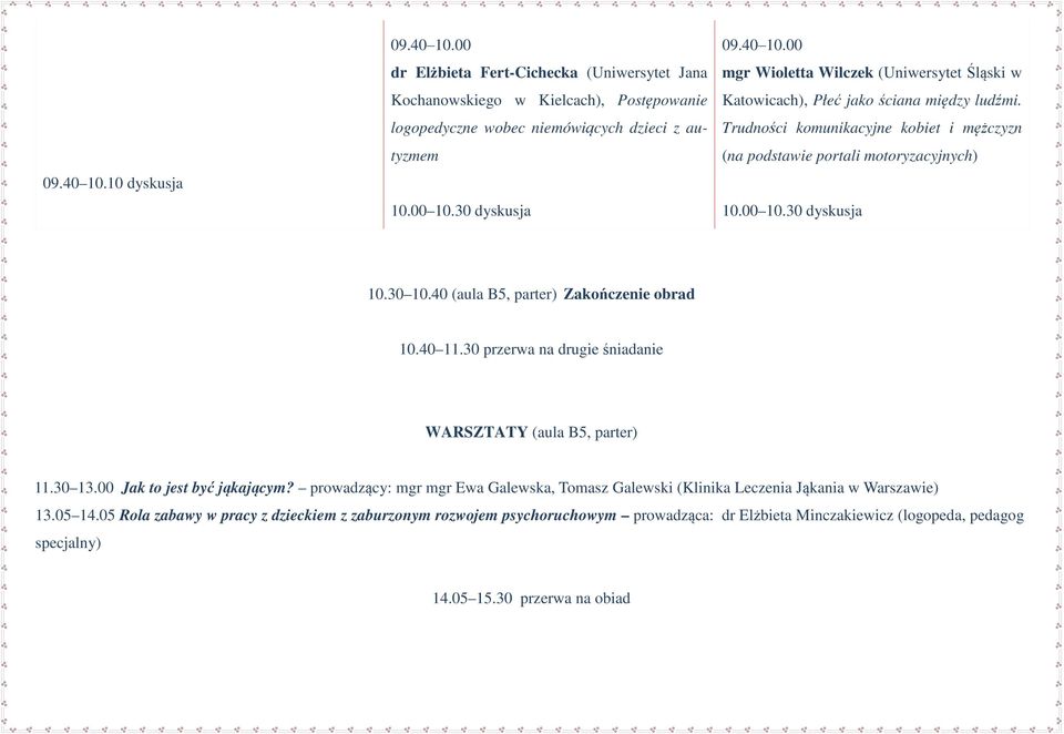 30 przerwa na drugie śniadanie WARSZTATY (aula B5, parter) 11.30 13.00 Jak to jest być jąkającym? prowadzący: mgr mgr Ewa Galewska, Tomasz Galewski (Klinika Leczenia Jąkania w Warszawie) 13.05 14.