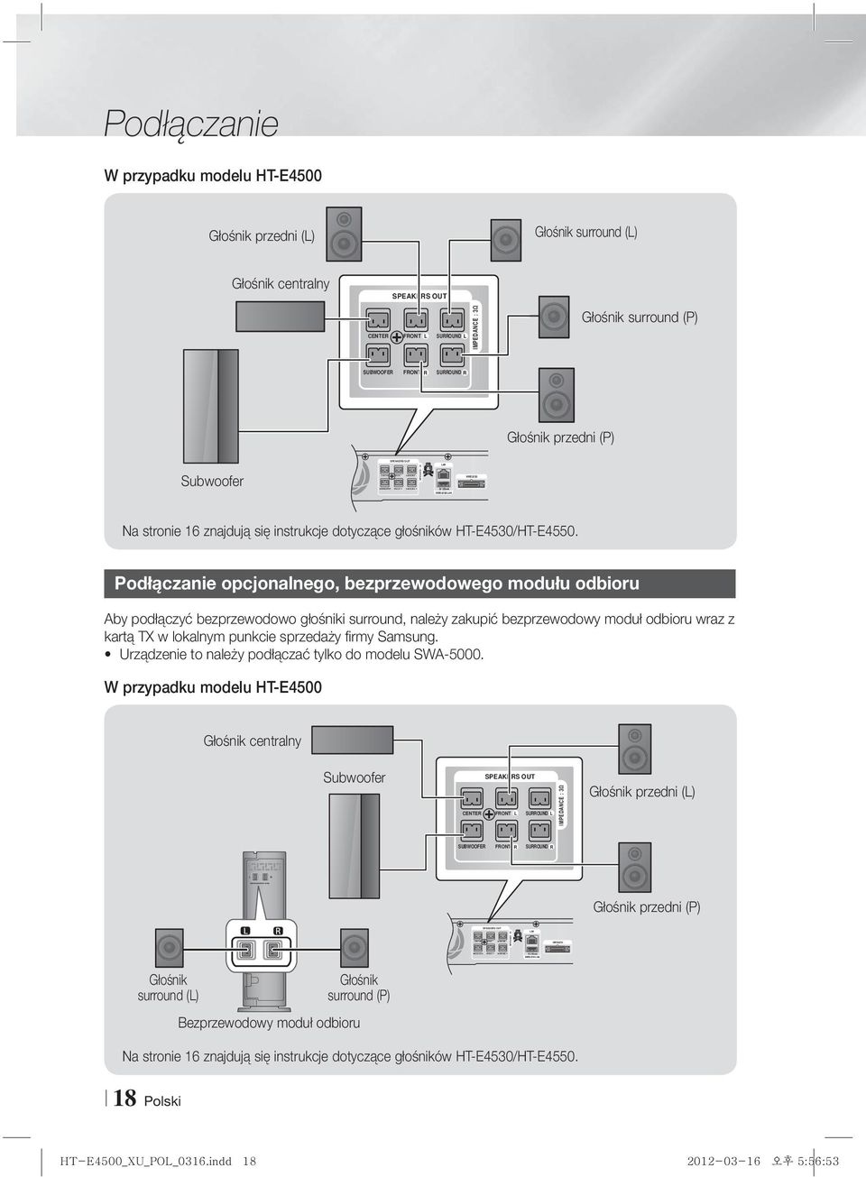 SURROUND R Głośnik przedni (P) Subwoofer IMPEDANCE : 3 Na stronie 16 znajdują się instrukcje dotyczące głośników HT-E4530/HT-E4550.