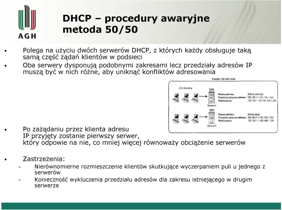 adresu IP przyjęty zostanie pierwszy serwer, który odpowie na nie, co mniej więcej równoważy obciążenie serwerów Zastrzeżenia: ż Nierównomierne