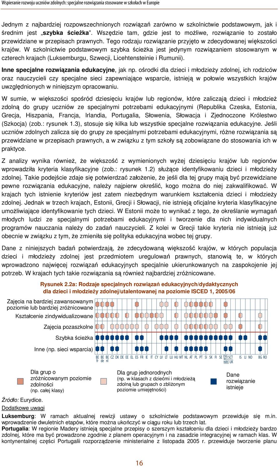 W szkolnictwie podstawowym szybka ścieżka jest jedynym rozwiązaniem stosowanym w czterech krajach (Luksemburgu, Szwecji, Licehtensteinie i Rumunii). Inne specjalne rozwiązania edukacyjne, jak np.