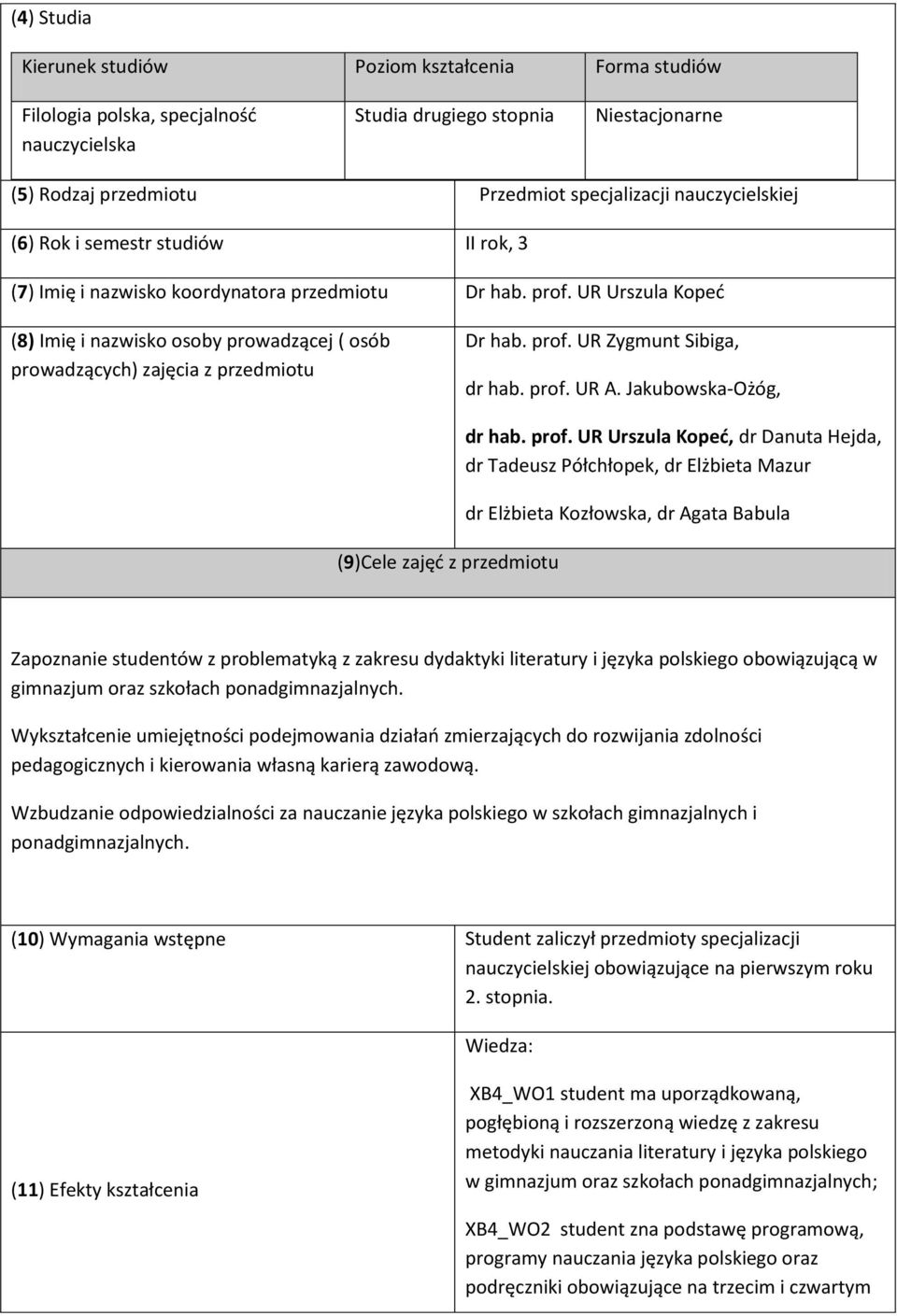 UR Urszula Kopeć (8) Imię i nazwisko osoby prowadzącej ( osób prowadzących) zajęcia z przedmiotu Dr hab. prof. UR Zygmunt Sibiga, dr hab. prof. UR A.