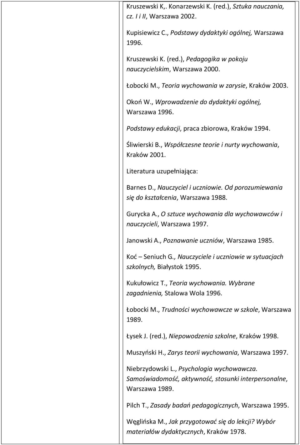 , Współczesne teorie i nurty wychowania, Kraków 2001. Literatura uzupełniająca: Barnes D., Nauczyciel i uczniowie. Od porozumiewania się do kształcenia, Warszawa 1988. Gurycka A.