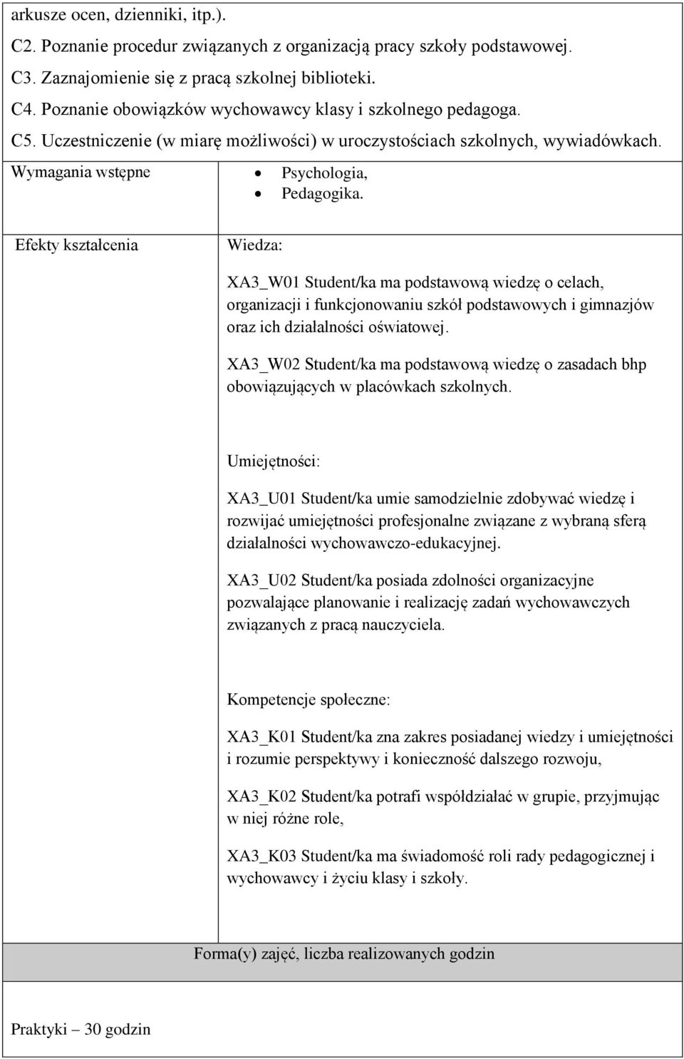 Efekty kształcenia Wiedza: XA3_W01 Student/ka ma podstawową wiedzę o celach, organizacji i funkcjonowaniu szkół podstawowych i gimnazjów oraz ich działalności oświatowej.