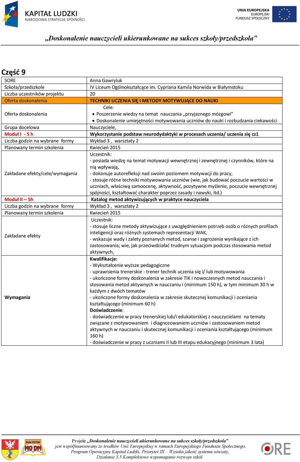 umiejętności motywowania uczniów do nauki i rozbudzania ciekawości, Wykorzystanie podstaw neurodydaktyki w procesach uczenia/ uczenia się cz1 Liczba godzin na wybrane formy Wykład 3, warsztaty 2