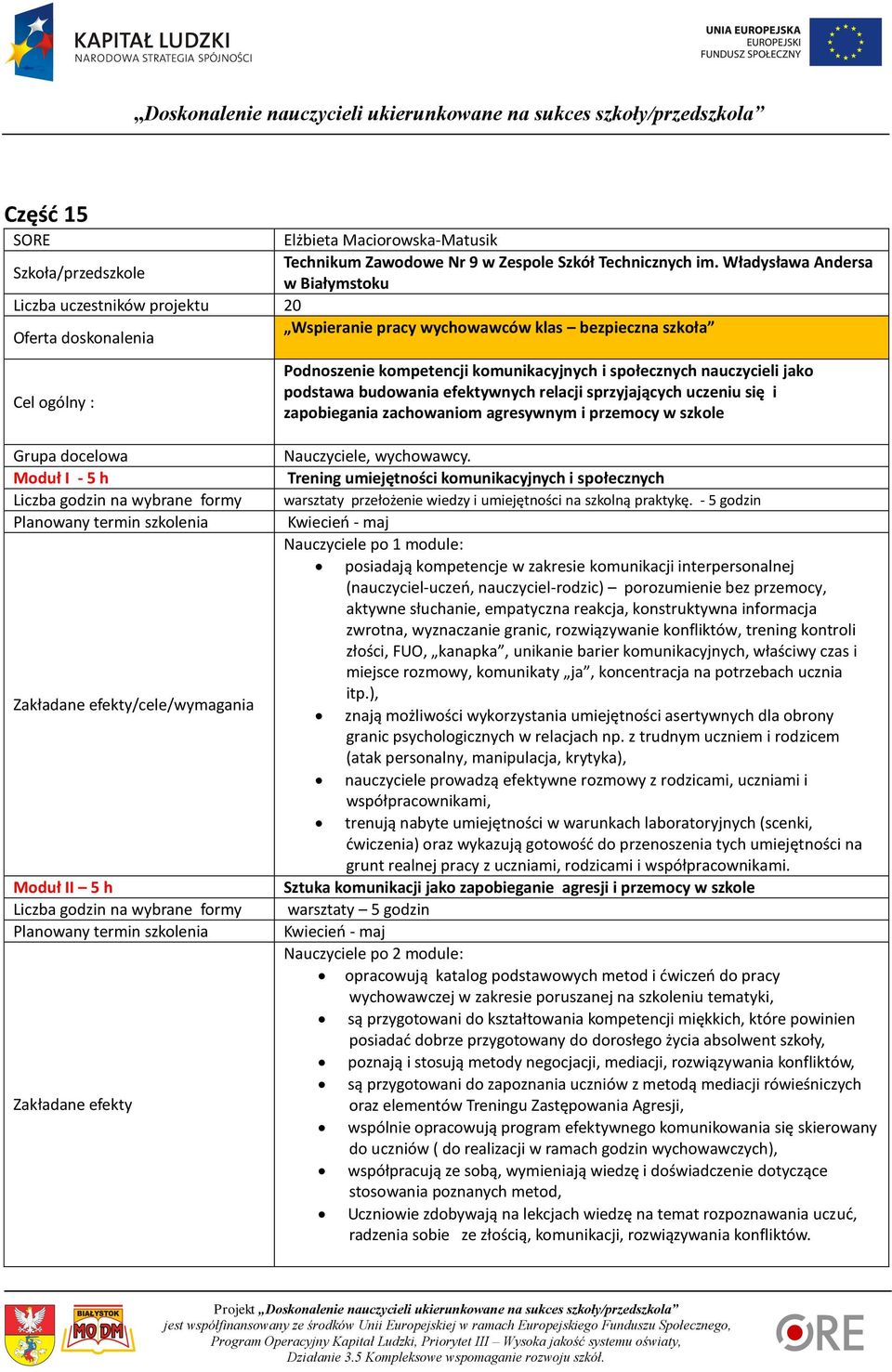 podstawa budowania efektywnych relacji sprzyjających uczeniu się i zapobiegania zachowaniom agresywnym i przemocy w szkole Liczba godzin na wybrane formy Planowany termin szkolenia /cele/wymagania