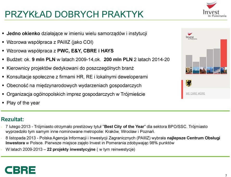 200 mln PLN 2 latach 2014-20 Kierownicy projektów dedykowani do poszczególnych branż Konsultacje społeczne z firmami HR, RE i lokalnymi deweloperami Obecność na międzynarodowych wydarzeniach
