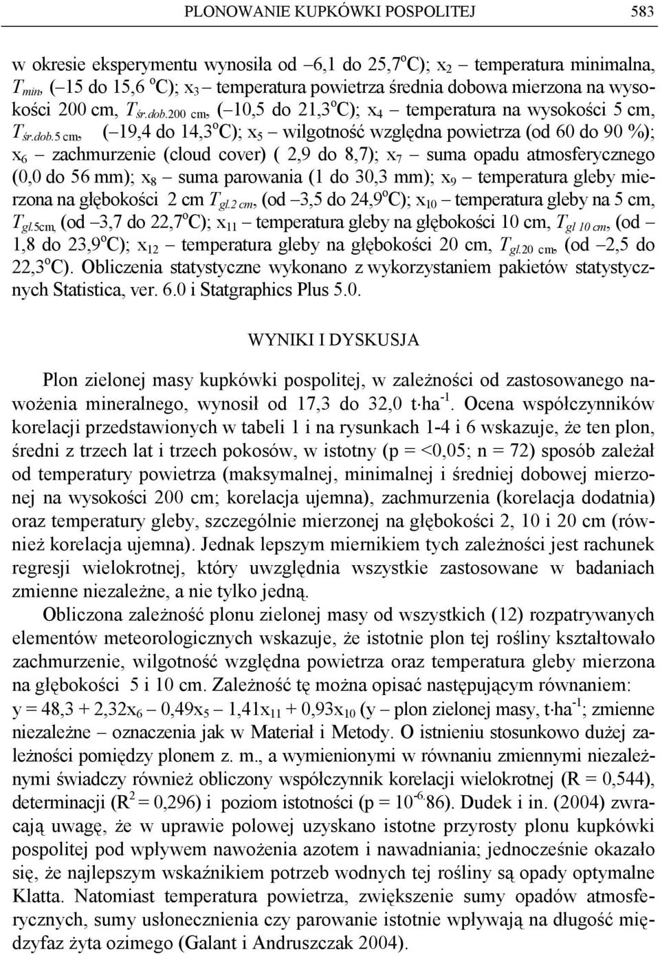 200 cm, ( 10,5 do 21,3 o C); x 4 temperatura na wysokości 5 cm, T śr.dob.