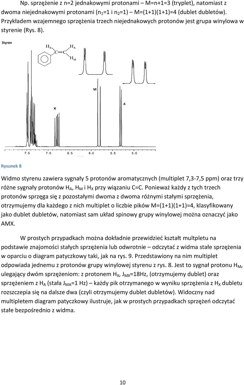 Rysunek 8 Widmo styrenu zawiera sygnały 5 protonów aromatycznych (multiplet 7,3-7,5 ppm) oraz trzy różne sygnały protonów H A, H M i H X przy wiązaniu C=C.